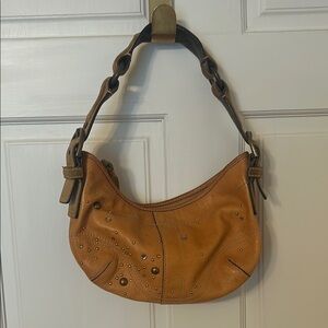 Coach Tan Hobo Bag with Suede Strap and Brass Accents